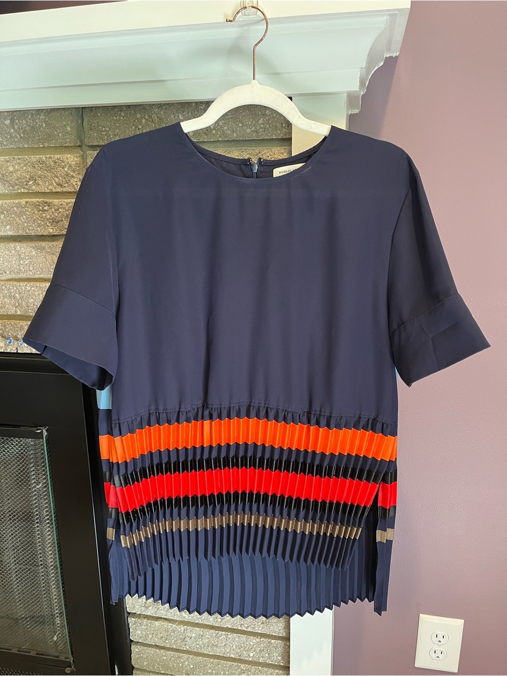 PUBLIC SCHOOL Navy Blue Short Sleeve Blouse Multi-Color Pleated Detail Women's 4